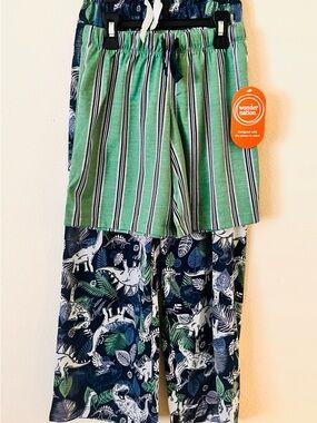 wonder nation Boys' Green Striped Shorts & Navy Dinosaur Pajama Pants 2 Set Sz M